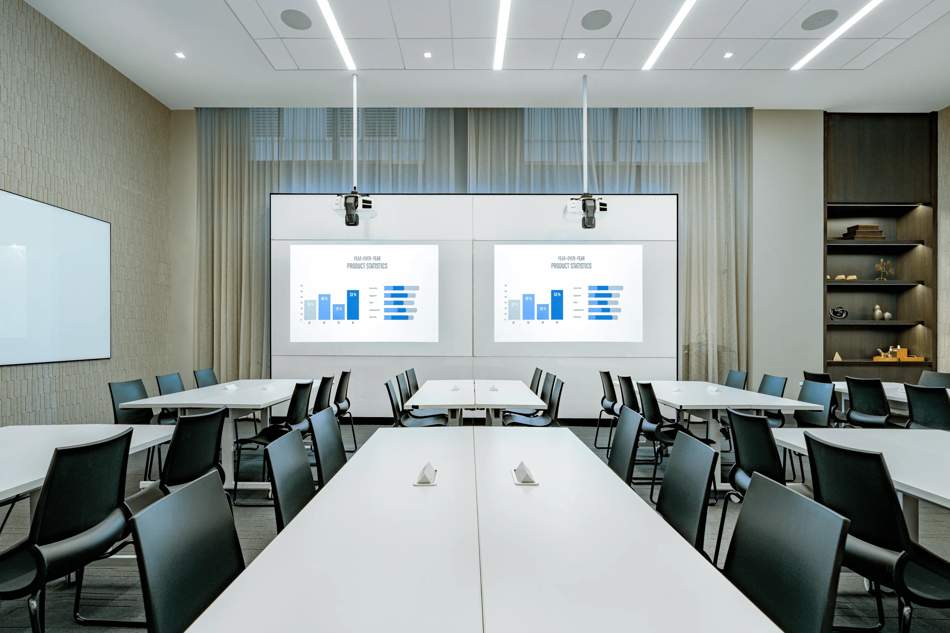 A spacious conference room with chairs arranged around a large screen.